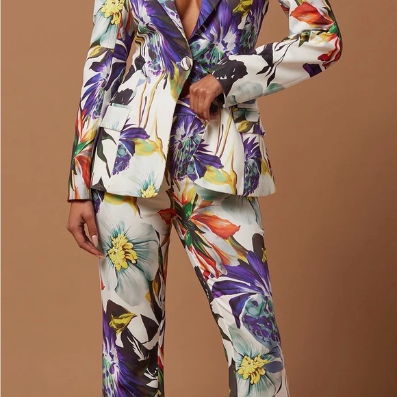 Fashion Nova Pants - Fashion Nova White Floral Wide-Leg Pantsuit with Purple & Yellow Accents